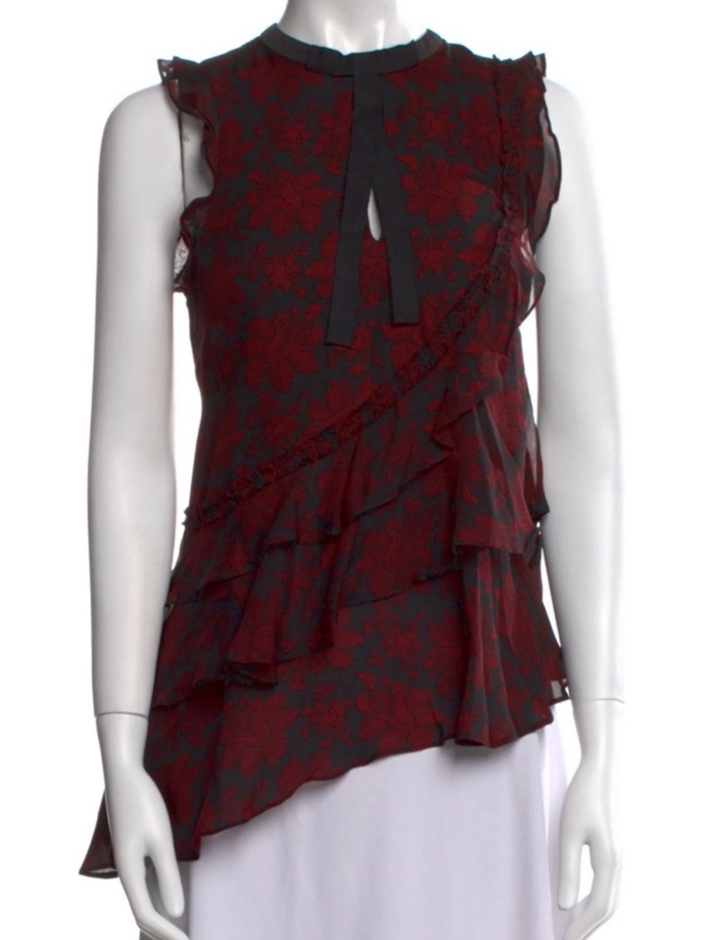 cinq a sept Black and Red Floral 100% Silk Ruffle Tie-Neck Asymmetrical Camisole